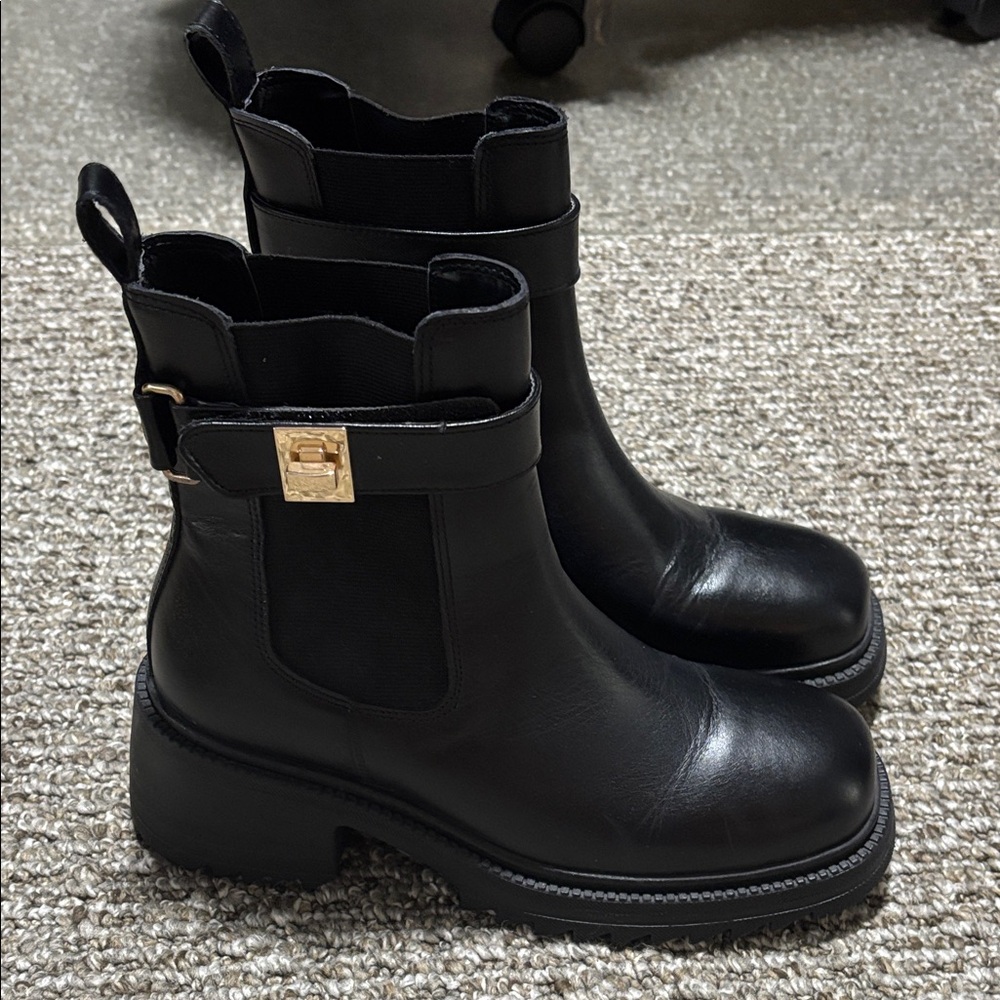 Steve Madden Black Leather Moto Boots with Gold Buckle